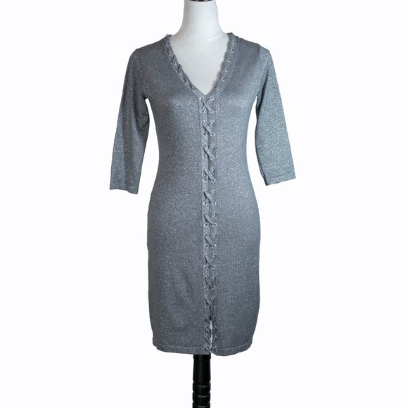 Allison Brittney Womens Silver Glitter Sweater Dress 3/4 Sleeves Midi Gray Sz S - Picture 2 of 13